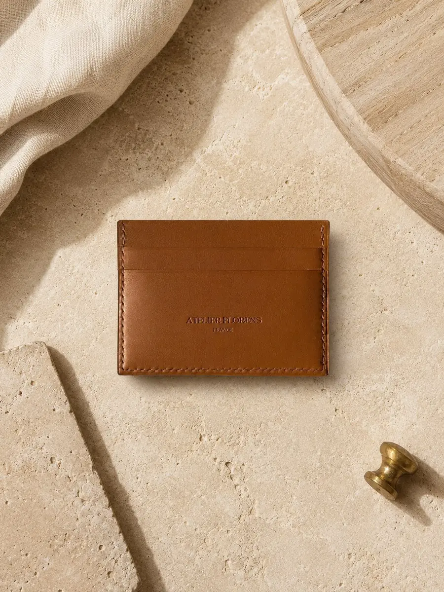 Collection L'Île — porte-cartes en cuir cognac — Atelier Florens Genève