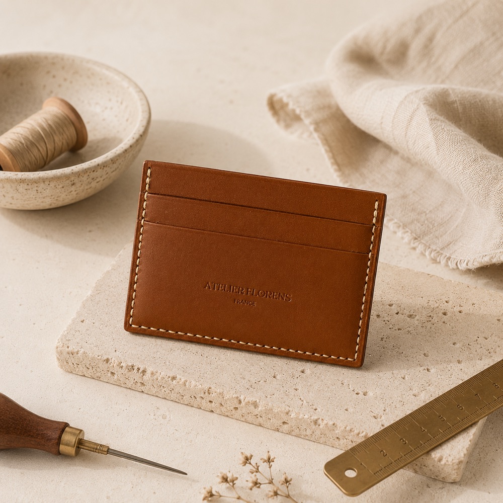 Porte-cartes marron, 2 emplacements, cuir français