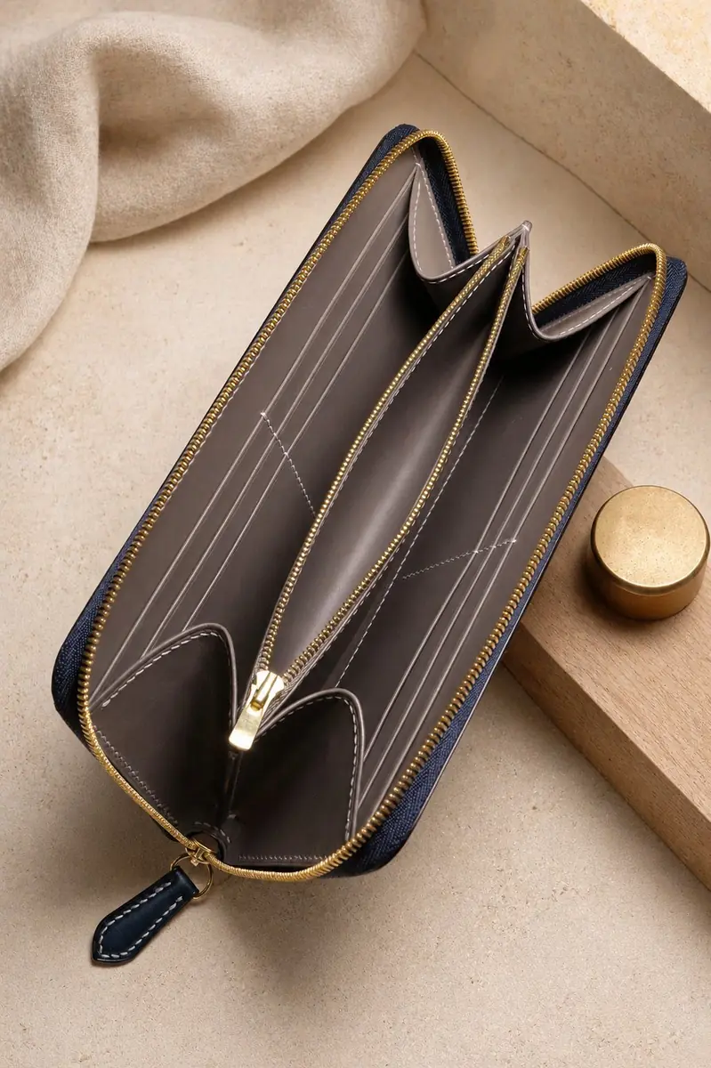 Intérieur du portefeuille léman en cuir bleu marine