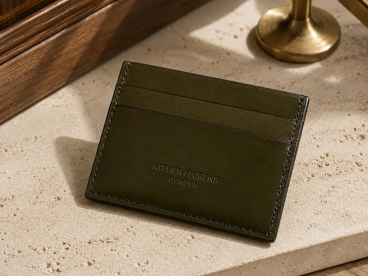 Emplacements pour cartes du porte-cartes rive cordovan en cuir vert foncé, Shell Cordovan