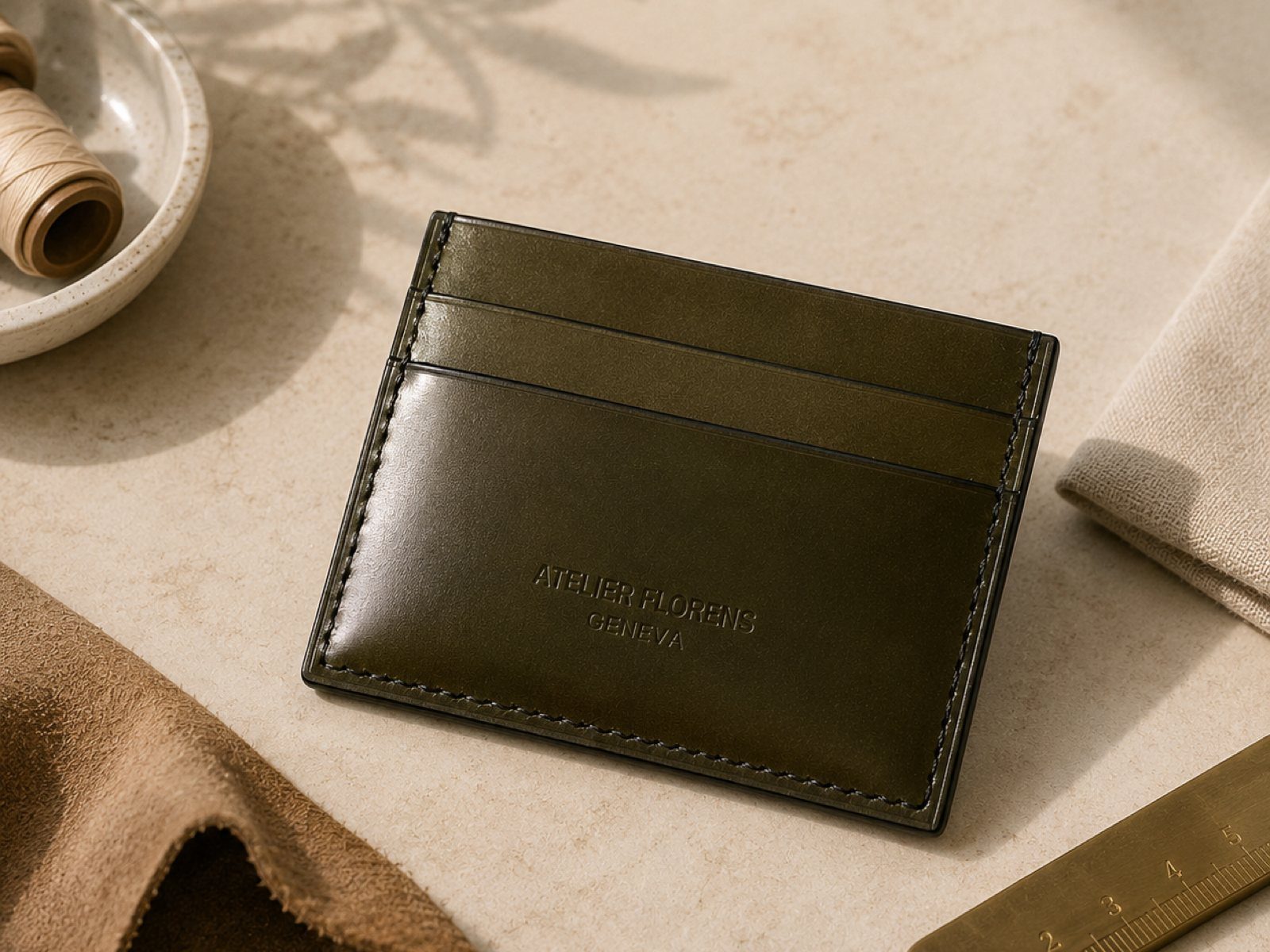 Porte-cartes Rive Cordovan en cuir vert foncé, Shell Cordovan — Atelier Florens Genève