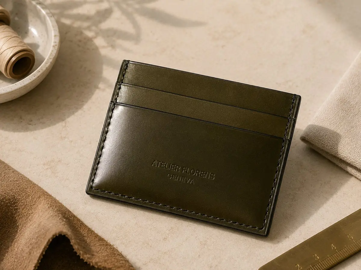 Porte-cartes Rive Cordovan en cuir vert foncé, Shell Cordovan — Atelier Florens Genève