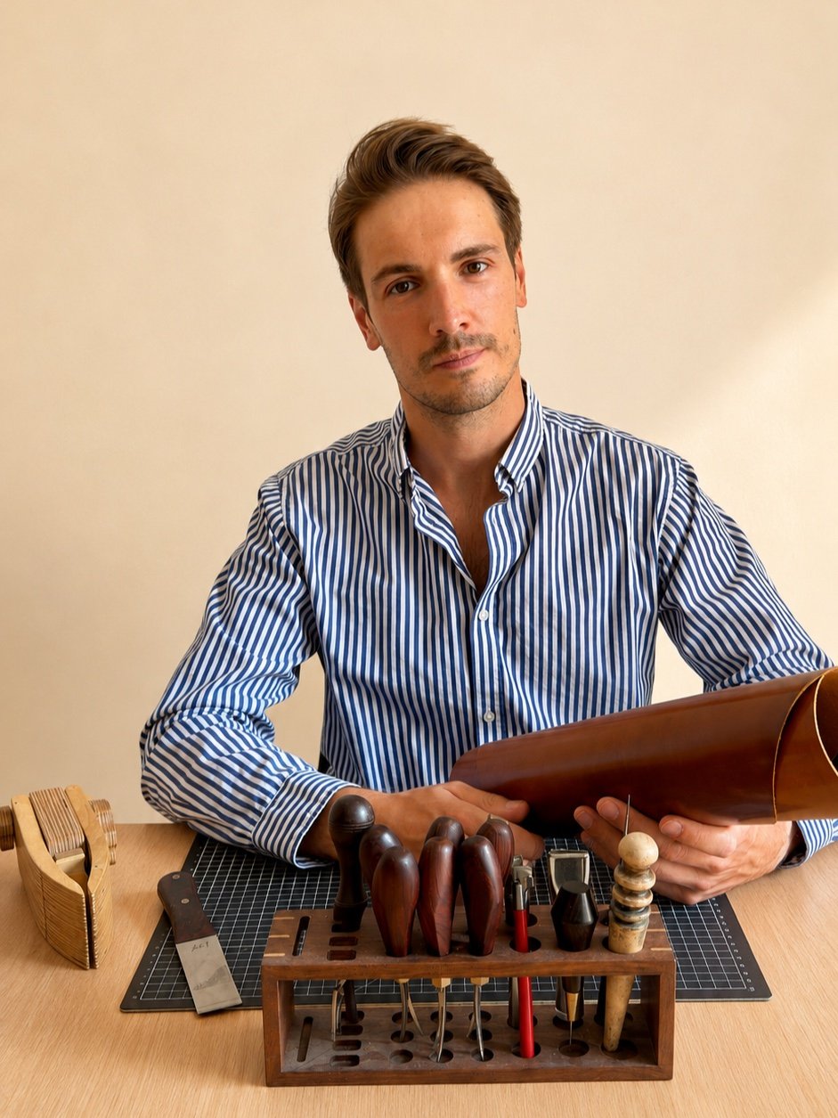 Florian Rousies, artisan maroquinier, avec ses outils de maroquinerie dans son atelier à Genève