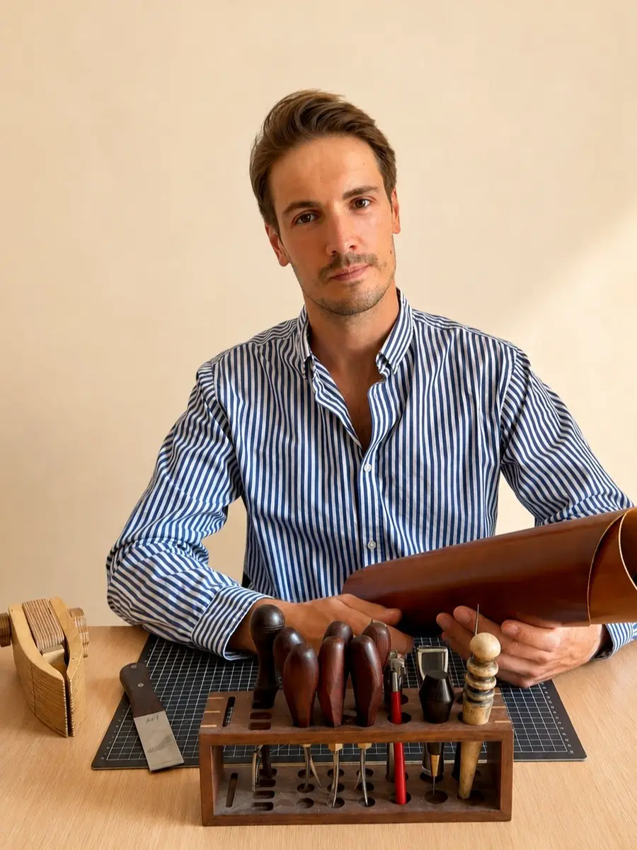 Florian Rousies, leather craftsman, with his leatherworking tools in his Geneva workshop